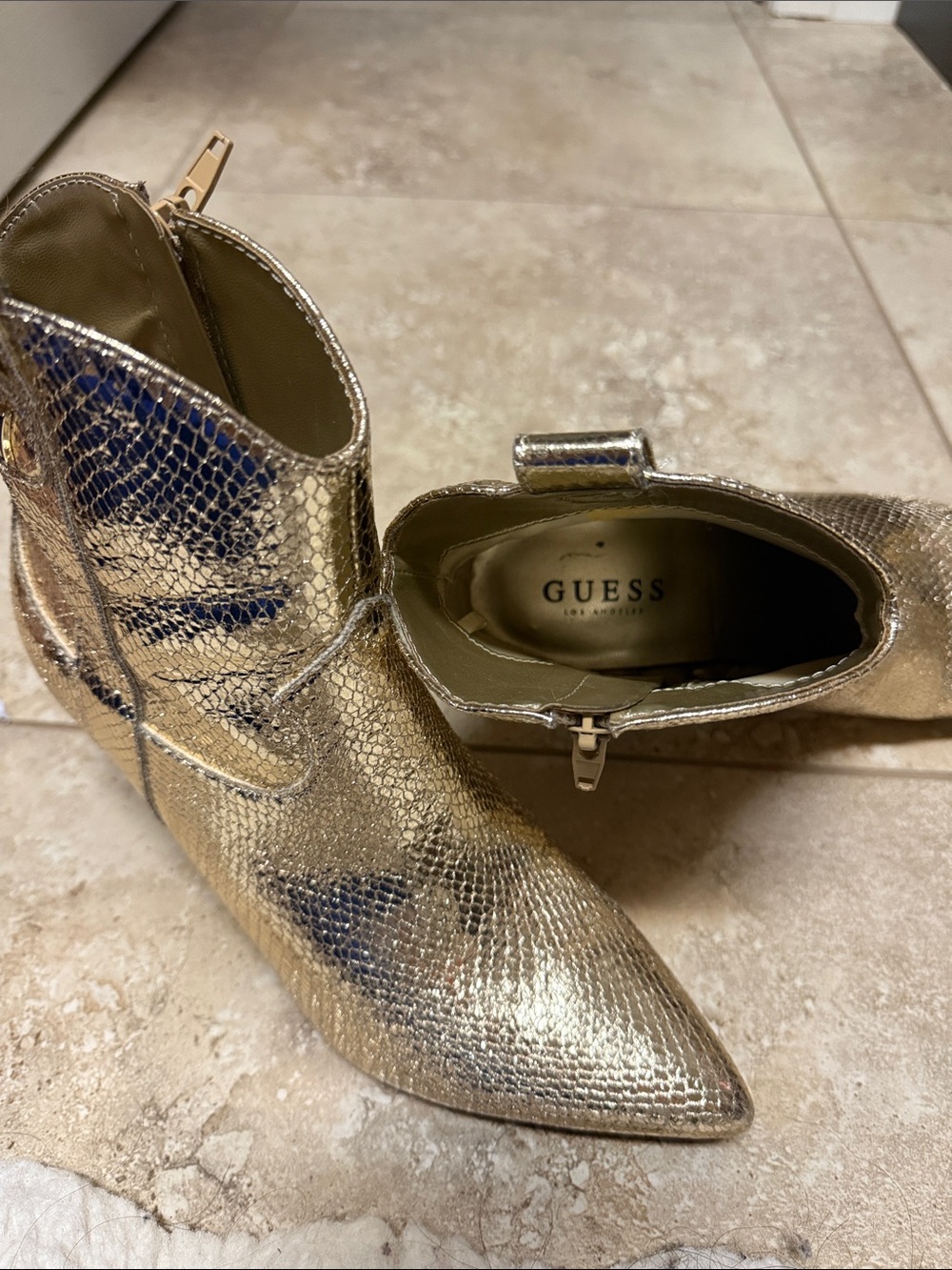 GUESS Metallic Gold Textured Pointed-Toe Ankle Booties